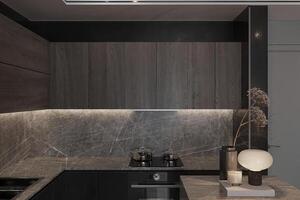 kitchen with dark wood cabinet and electrical stove photo