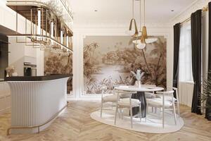 Interior of a luxurious dining room, White dining table, wall paint with white tone. photo