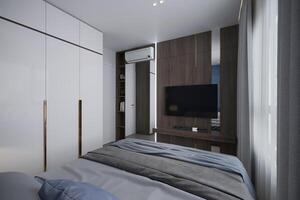 Creating a Master Bedroom That's a panoramic window beside the bed and a TV panel with TV. photo