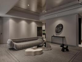 space decorated For a living area with Modern and fashionable couch, and coffee table on the rug photo