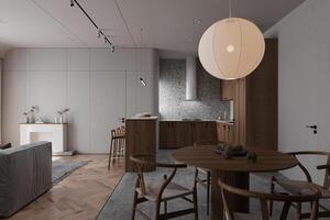 3D rendering, spacious dining room design next to the modern kitchen, with a beautiful dining table and greenery photo