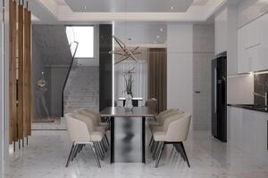 Modern Dining interior with dining table and chairs. 3D illustration photo