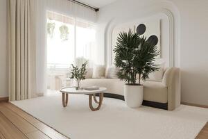 Empty white walled living room with couch, plants, and table. photo