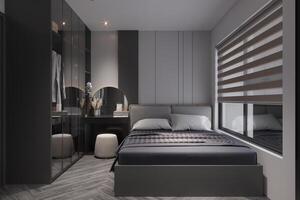 Beautiful Grey Color Decor Creates a Photogenic and Cinematic Atmosphere in the bedroom. photo