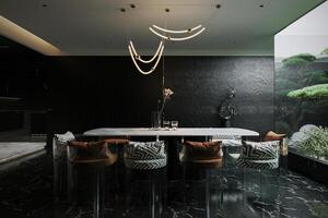 3D rendering black modern dining room with eco-lodge plant. photo