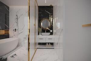 A modern bathroom interior featuring a white bathtub with golden accents photo
