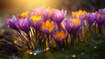 ai generado brillante amarillo y púrpura azafrán adornado con espumoso agua gotas disfrutar en el brillante luz de sol de primavera. ai generado. foto