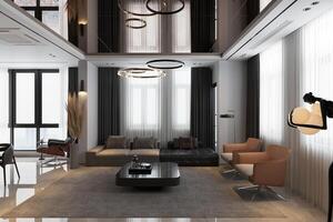 3d render of modern living room with leather sofa and dark interior photo