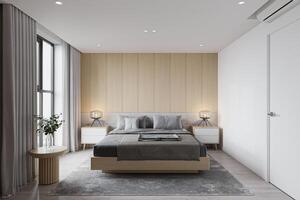 un pulcro y brillante dormitorio asignado con un mínimo interior, doble cama en contra de madera pared. un grande ventana. foto