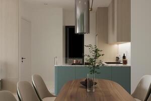 hermosa neutral moderno orgánico blanco cocina interior con de madera mesa foto