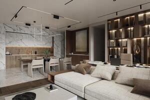 Simple and Philosophic interior in an apartment with bright and White Theme, 3D rendering photo