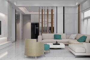 un espacioso contemporáneo vivo habitación brilla con el reflexivo superficie de pulido mármol piso losas foto