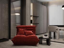 Modern living room design with red textile armchair. photo