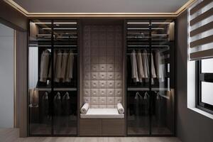 Open Walk in Closet Display Design with Wooden Cabinet Furnishing and Shelving Rack photo