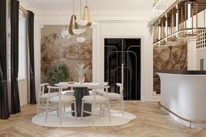 Interior of a luxurious dining room, White dining table, wall mockup paint, designer entry door. photo