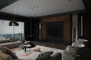 Modern living room with black tones, Modular sofa, and black pattern couch photo