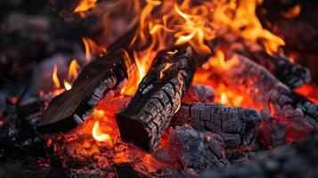 AI generated Close-up of campfire against dark backdrop, radiating warmth and coziness. Ai Generated photo