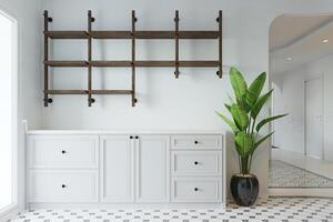 Minimalist interior in the kitchen with white cabinet and wooden rack on the wall. photo