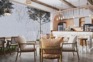 Modern white coffee shop interior, day light and greenery photo