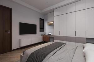 Bright and cozy modern bedroom with essential furniture into interior design, 3D rendering photo