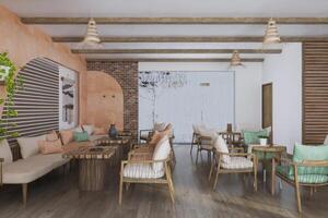 The modern cafeteria has a minimalist interior design with rustic furniture photo