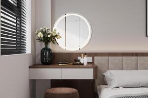 A bedside mirror and a huge window with a city view. photo