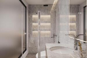 baño con blanco resina lavabo en blanco cofre de cajones, espejo colgando en el pared y ducha cabina foto