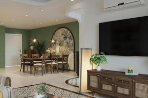 Choose Pop Color and Functional Furniture, TV on the white wall, and indoor plants on the TV photo