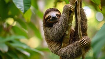 AI generated Relaxed sloth hangs lazily from a branch, embodying tranquility in its natural habitat, Ai Generated. photo