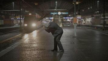 Resentful Indignant Elderly Man Regretting Bad Mistake in Rainy Night video