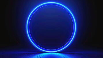 AI generated Neon blue geometric circle stands out against a dark background, creating a captivating contrast. Ai Generated photo