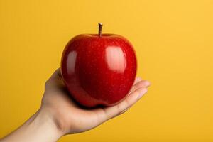 AI generated Female hands hold a red apple on a yellow background. The concept of healthy eating photo
