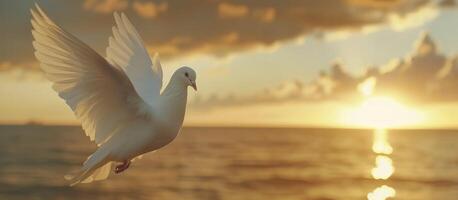 ai generado símbolo de paz. un blanco paloma altísimo con libertad en medio de puesta de sol amplio cielo antecedentes. foto