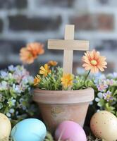 ai generado hermosa ver de vistoso Pascua de Resurrección huevo, de madera cruces y primavera flores foto
