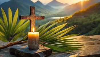 Holy Cross with Palm leaf. Palm Sunday concept photo