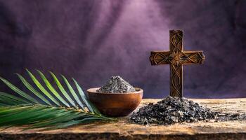 AI generated Ash Wednesday Concept. Bowl with Ash and Holy Cross photo