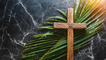 Holy Cross with Palm leaf. Palm Sunday concept photo