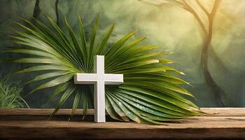 Holy Cross with Palm leaf. Palm Sunday concept photo