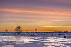 hermosa amanecer terminado un congelado paisaje en el medio de invierno. foto