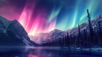 AI generated Dazzling hues dance in the night sky, a vivid display of Aurora Borealis, Ai Generated. photo