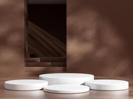Empty podium or pedestal display on brown background with cylinder stand concept. Blank product shelf standing backdrop photo