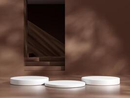 Empty podium or pedestal display on brown background with cylinder stand concept. Blank product shelf standing backdrop photo