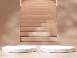 Empty podium or pedestal display on brown background with cylinder stand concept. Blank product shelf standing backdrop photo