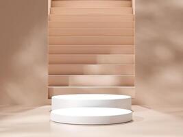 Empty podium or pedestal display on brown background with cylinder stand concept. Blank product shelf standing backdrop photo