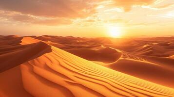 AI generated Golden hues paint the captivating Sahara Desert panorama at sunset, a breathtaking spectacle. Ai Generated photo