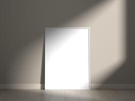 Empty framed canvas on the wooden floor for mockups and art illustrations photo