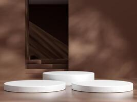 Empty podium or pedestal display on brown background with cylinder stand concept. Blank product shelf standing backdrop photo