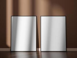 Empty framed canvas on the wooden floor for mockups and art illustrations photo