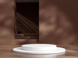 Empty podium or pedestal display on brown background with cylinder stand concept. Blank product shelf standing backdrop photo