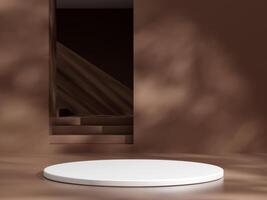 Empty podium or pedestal display on brown background with cylinder stand concept. Blank product shelf standing backdrop photo